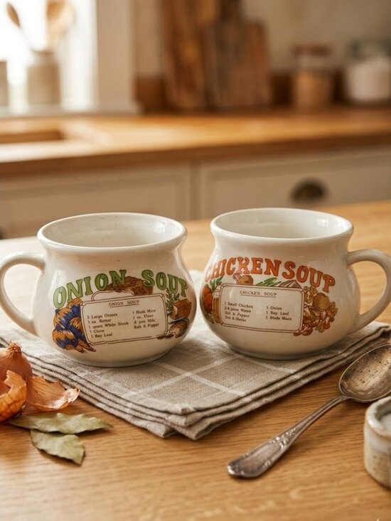 Vintage Other - Vintage Ceramic Recipe Soup Mug Set Onion & Chicken Soup Crocks Illustrated